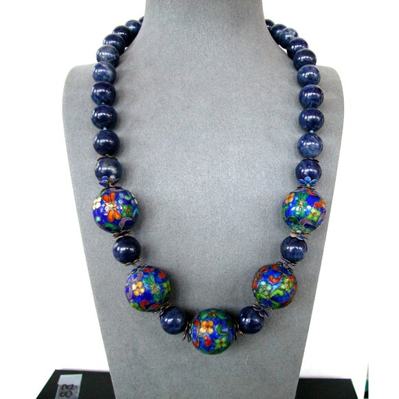 Vintage Cloisonné & Blue Bead Necklace  20 inches Silver Closer - Picture 1 of 3